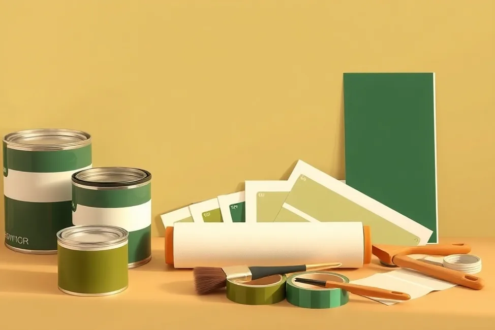 Pots de peinture, nuancier, brosses et rouleaux disposés à plat