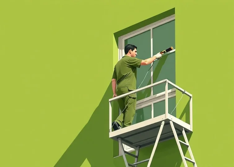 Peintre sur échafaudage traitant la façade d'une maison
