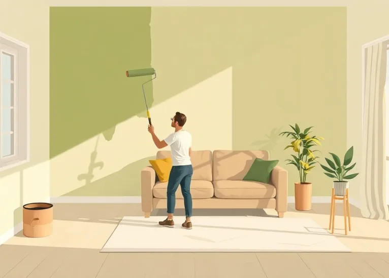 Peintre appliquant la peinture au rouleau sur un mur de salon